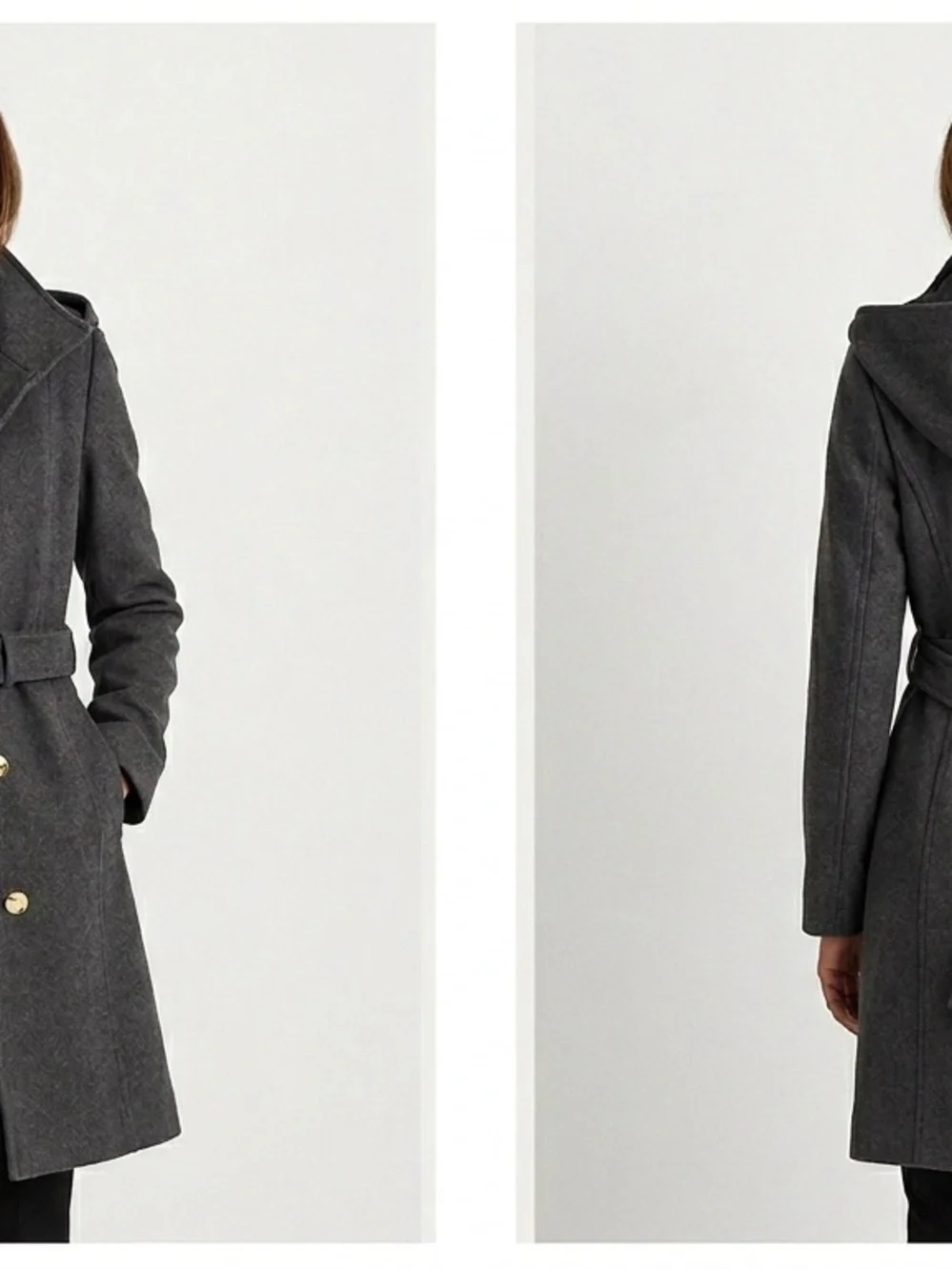 Womens Charcoal Hooded Belted Wool-Blend Coat - Picture 3 of 6